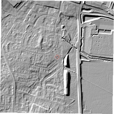 Shaded relief map of the ground around DN33SH, computed from Environment Agency LiDAR. The ground here sits at about 5 m above sea level and falls 10 m across the surrounding 800 m. Surface water reaching this point runs off ground lying to the north-west, 1.1 m higher.