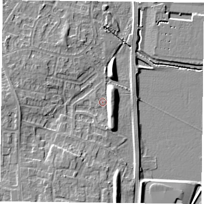 Shaded relief map of the ground around DN33SJ, computed from Environment Agency LiDAR. The ground here sits at about 5 m above sea level and falls 9 m across the surrounding 800 m. Surface water reaching this point runs off ground lying to the east-north-east, 4.9 m higher.