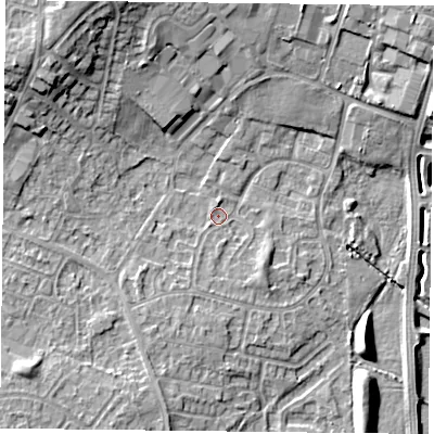 Shaded relief map of the ground around DN33ST, computed from Environment Agency LiDAR. The ground here sits at about 5 m above sea level and falls 12 m across the surrounding 800 m. Surface water reaching this point runs off ground lying to the south-south-west, 1.3 m higher.