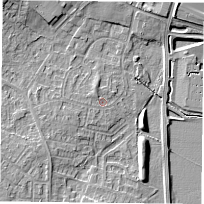 Shaded relief map of the ground around DN33SU, computed from Environment Agency LiDAR. The ground here sits at about 6 m above sea level and falls 11 m across the surrounding 800 m. Surface water reaching this point runs off ground lying to the north-west, 1.1 m higher.