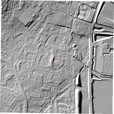 Shaded relief map of the ground around DN33SY, computed from Environment Agency LiDAR. The ground here sits at about 5 m above sea level and falls 13 m across the surrounding 800 m. Surface water reaching this point runs off ground lying to the south-west, 1.8 m higher.