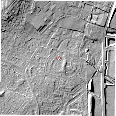 Shaded relief map of the ground around DN33SZ, computed from Environment Agency LiDAR. The ground here sits at about 5 m above sea level and falls 14 m across the surrounding 800 m. Surface water reaching this point runs off ground lying to the south-south-west, 1.8 m higher.
