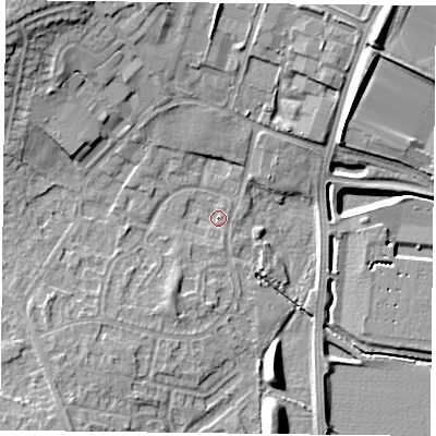 Shaded relief map of the ground around DN33TA, computed from Environment Agency LiDAR. The ground here sits at about 5 m above sea level and falls 14 m across the surrounding 800 m. Surface water reaching this point runs off ground lying to the north-west, 9.4 m higher.
