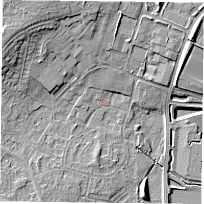 Shaded relief map of the ground around DN33TF, computed from Environment Agency LiDAR. The ground here sits at about 5 m above sea level and falls 14 m across the surrounding 800 m. Surface water reaching this point runs off ground lying to the north-west, 9.5 m higher.