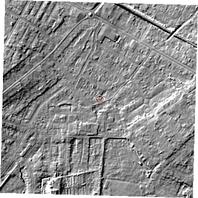 Shaded relief map of the ground around DN344AF, computed from Environment Agency LiDAR. The ground here sits at about 3 m above sea level and falls 6 m across the surrounding 800 m. Surface water reaching this point runs off ground lying to the east, 3.4 m higher.