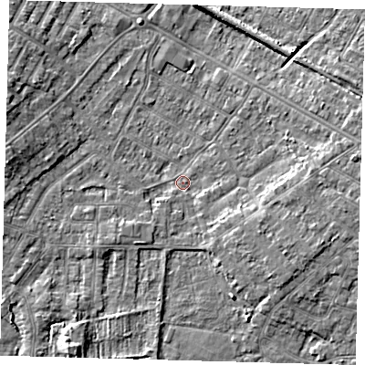Shaded relief map of the ground around DN344AG, computed from Environment Agency LiDAR. The ground here sits at about 3 m above sea level and falls 5 m across the surrounding 800 m. Surface water reaching this point runs off ground lying to the east-south-east, 1.2 m higher.