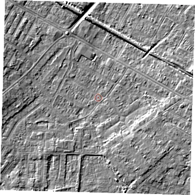 Shaded relief map of the ground around DN344AH, computed from Environment Agency LiDAR. The ground here sits at about 2 m above sea level and falls 7 m across the surrounding 800 m. Surface water reaching this point runs off ground lying to the east-south-east, 3.9 m higher.