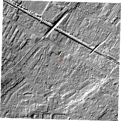 Shaded relief map of the ground around DN344AP, computed from Environment Agency LiDAR. The ground here sits at about 2 m above sea level and falls 7 m across the surrounding 800 m. Surface water reaching this point runs off ground lying to the south-east, 3.9 m higher.