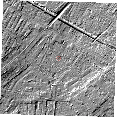Shaded relief map of the ground around DN344AR, computed from Environment Agency LiDAR. The ground here sits at about 2 m above sea level and falls 7 m across the surrounding 800 m. Surface water reaching this point runs off ground lying to the east-south-east, 3.7 m higher.