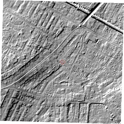 Shaded relief map of the ground around DN344AT, computed from Environment Agency LiDAR. The ground here sits at about 3 m above sea level and falls 9 m across the surrounding 800 m. Surface water reaching this point runs off ground lying to the west, 2.4 m higher.