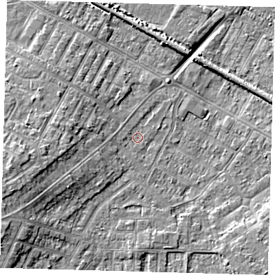 Shaded relief map of the ground around DN344AU, computed from Environment Agency LiDAR. The ground here sits at about 3 m above sea level and falls 9 m across the surrounding 800 m. Surface water reaching this point runs off ground lying to the west-south-west, 5.3 m higher.