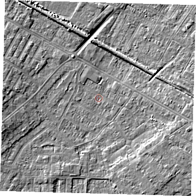 Shaded relief map of the ground around DN344AW, computed from Environment Agency LiDAR. The ground here sits at about 2 m above sea level and falls 7 m across the surrounding 800 m. Surface water reaching this point runs off ground lying to the east-south-east, 3.7 m higher.