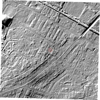 Shaded relief map of the ground around DN344BH, computed from Environment Agency LiDAR. The ground here sits at about 4 m above sea level and falls 11 m across the surrounding 800 m. Surface water reaching this point runs off ground lying to the south-west, 1.4 m higher.