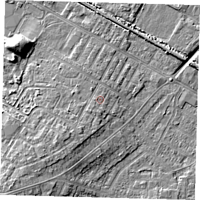 Shaded relief map of the ground around DN344BJ, computed from Environment Agency LiDAR. The ground here sits at about 5 m above sea level and falls 11 m across the surrounding 800 m. Surface water reaching this point runs off ground lying to the south-west, 1.4 m higher.