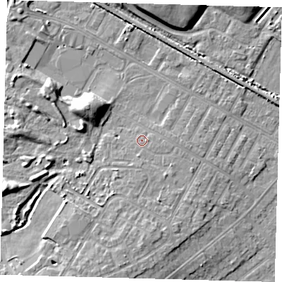 Shaded relief map of the ground around DN344BP, computed from Environment Agency LiDAR. The ground here sits at about 4 m above sea level and falls 9 m across the surrounding 800 m. Surface water reaching this point runs off ground lying to the south-south-east, 2.6 m higher.