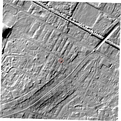 Shaded relief map of the ground around DN344BQ, computed from Environment Agency LiDAR. The ground here sits at about 4 m above sea level and falls 11 m across the surrounding 800 m. Surface water reaching this point runs off ground lying to the west-south-west, 2.3 m higher.