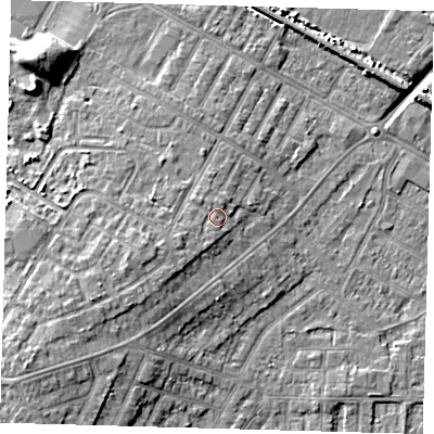 Shaded relief map of the ground around DN344BT, computed from Environment Agency LiDAR. The ground here sits at about 6 m above sea level and falls 11 m across the surrounding 800 m. Surface water reaching this point runs off ground lying to the west-south-west, 1.8 m higher.