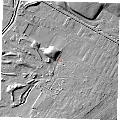 Shaded relief map of the ground around DN344BW, computed from Environment Agency LiDAR. The ground here sits at about 4 m above sea level and falls 9 m across the surrounding 800 m. Surface water reaching this point runs off ground lying to the north-west, 6.6 m higher.