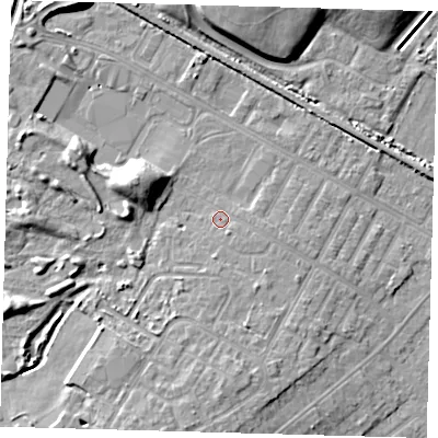 Shaded relief map of the ground around DN344DA, computed from Environment Agency LiDAR. The ground here sits at about 4 m above sea level and falls 9 m across the surrounding 800 m. Surface water reaching this point runs off ground lying to the east-south-east, 1.2 m higher.