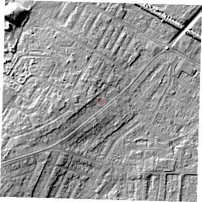 Shaded relief map of the ground around DN344DJ, computed from Environment Agency LiDAR. The ground here sits at about 5 m above sea level and falls 11 m across the surrounding 800 m. Surface water reaching this point runs off ground lying to the west-south-west, 5.0 m higher.