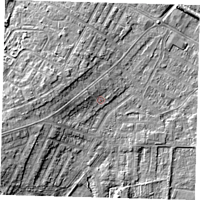Shaded relief map of the ground around DN344EF, computed from Environment Agency LiDAR. The ground here sits at about 4 m above sea level and falls 10 m across the surrounding 800 m. Surface water reaching this point runs off ground lying to the west, 2.0 m higher.