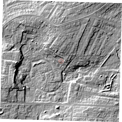 Shaded relief map of the ground around DN344EL, computed from Environment Agency LiDAR. The ground here sits at about 4 m above sea level and falls 11 m across the surrounding 800 m. Surface water reaching this point runs off ground lying to the north, 5.4 m higher.