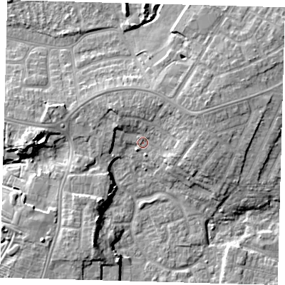 Shaded relief map of the ground around DN344EP, computed from Environment Agency LiDAR. The ground here sits at about 5 m above sea level and falls 10 m across the surrounding 800 m. Surface water reaching this point runs off ground lying to the east-north-east, 4.5 m higher.
