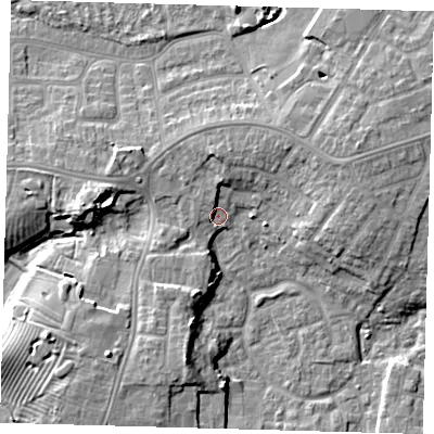 Shaded relief map of the ground around DN344ER, computed from Environment Agency LiDAR. The ground here sits at about 4 m above sea level and falls 10 m across the surrounding 800 m. Surface water reaching this point runs off ground lying to the north, 4.5 m higher.