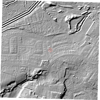 Shaded relief map of the ground around DN344EZ, computed from Environment Agency LiDAR. The ground here sits at about 5 m above sea level and falls 9 m across the surrounding 800 m. Surface water reaching this point runs off ground lying to the south-south-east, 2.1 m higher.