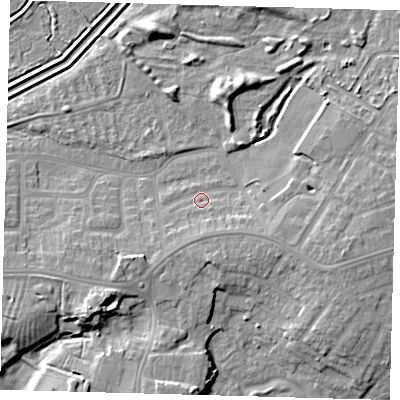 Shaded relief map of the ground around DN344HB, computed from Environment Agency LiDAR. The ground here sits at about 5 m above sea level and falls 9 m across the surrounding 800 m. Surface water reaching this point runs off ground lying to the south-east, 2.8 m higher.