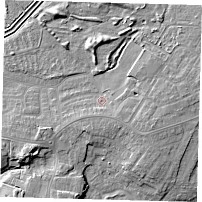 Shaded relief map of the ground around DN344HD, computed from Environment Agency LiDAR. The ground here sits at about 5 m above sea level and falls 9 m across the surrounding 800 m. Surface water reaching this point runs off ground lying to the south-east, 3.5 m higher.