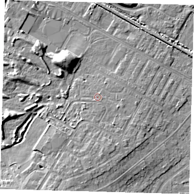 Shaded relief map of the ground around DN344JB, computed from Environment Agency LiDAR. The ground here sits at about 5 m above sea level and falls 9 m across the surrounding 800 m. Surface water reaching this point runs off ground lying to the south, 0.9 m higher.