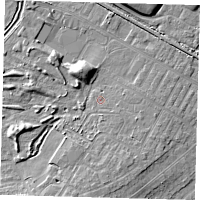 Shaded relief map of the ground around DN344JL, computed from Environment Agency LiDAR. The ground here sits at about 5 m above sea level and falls 9 m across the surrounding 800 m. Surface water reaching this point runs off ground lying to the south-east, 1.1 m higher.