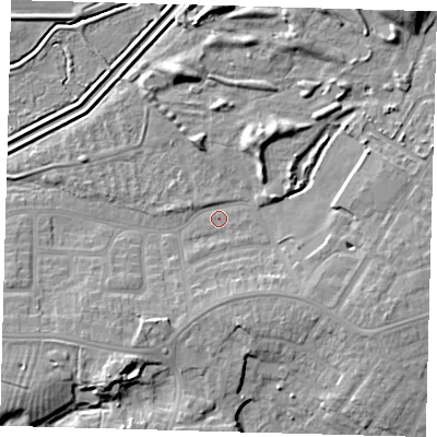 Shaded relief map of the ground around DN344JT, computed from Environment Agency LiDAR. The ground here sits at about 4 m above sea level and falls 9 m across the surrounding 800 m. Surface water reaching this point runs off ground lying to the north-east, 6.7 m higher.