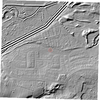 Shaded relief map of the ground around DN344JU, computed from Environment Agency LiDAR. The ground here sits at about 4 m above sea level and falls 10 m across the surrounding 800 m. Surface water reaching this point runs off ground lying to the south-south-east, 5.7 m higher.