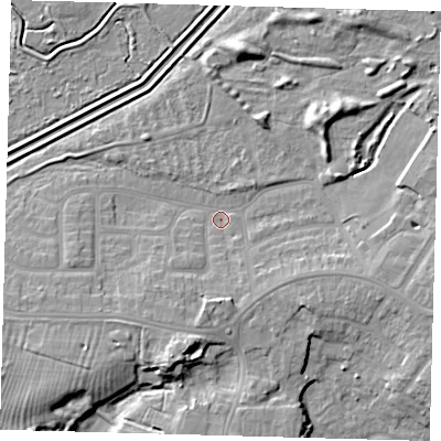 Shaded relief map of the ground around DN344JX, computed from Environment Agency LiDAR. The ground here sits at about 4 m above sea level and falls 9 m across the surrounding 800 m. Surface water reaching this point runs off ground lying to the south, 4.7 m higher.