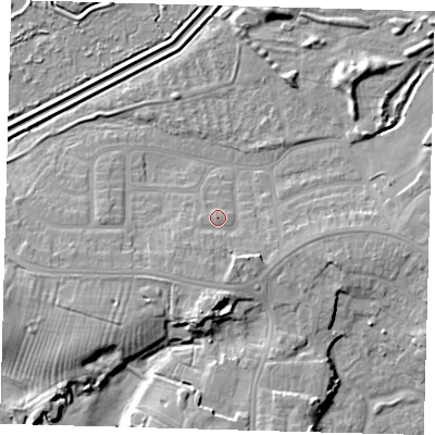 Shaded relief map of the ground around DN344JY, computed from Environment Agency LiDAR. The ground here sits at about 6 m above sea level and falls 9 m across the surrounding 800 m. Surface water reaching this point runs off ground lying to the south-south-west, 2.8 m higher.