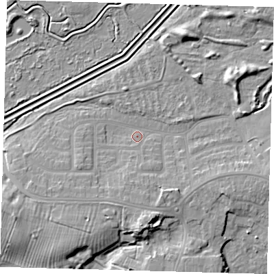 Shaded relief map of the ground around DN344JZ, computed from Environment Agency LiDAR. The ground here sits at about 4 m above sea level and falls 10 m across the surrounding 800 m. Surface water reaching this point runs off ground lying to the south, 3.4 m higher.