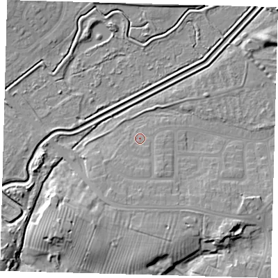 Shaded relief map of the ground around DN344LB, computed from Environment Agency LiDAR. The ground here sits at about 5 m above sea level and falls 10 m across the surrounding 800 m. Surface water reaching this point runs off ground lying to the south, 2.5 m higher.