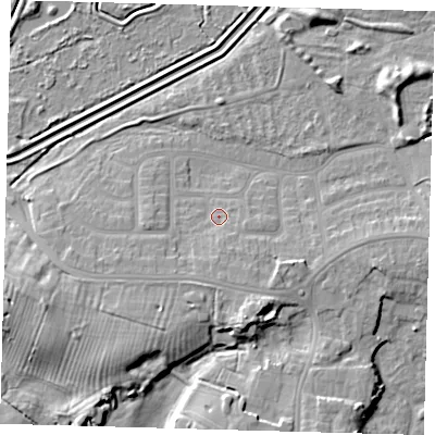 Shaded relief map of the ground around DN344LH, computed from Environment Agency LiDAR. The ground here sits at about 6 m above sea level and falls 10 m across the surrounding 800 m. Surface water reaching this point runs off ground lying to the south-south-west, 3.2 m higher.