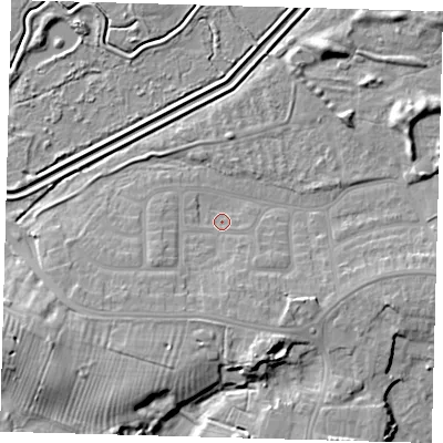 Shaded relief map of the ground around DN344LJ, computed from Environment Agency LiDAR. The ground here sits at about 4 m above sea level and falls 10 m across the surrounding 800 m. Surface water reaching this point runs off ground lying to the south-south-east, 5.2 m higher.
