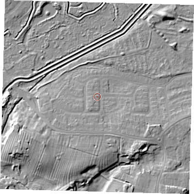 Shaded relief map of the ground around DN344LQ, computed from Environment Agency LiDAR. The ground here sits at about 6 m above sea level and falls 10 m across the surrounding 800 m. Surface water reaching this point runs off ground lying to the south, 3.1 m higher.