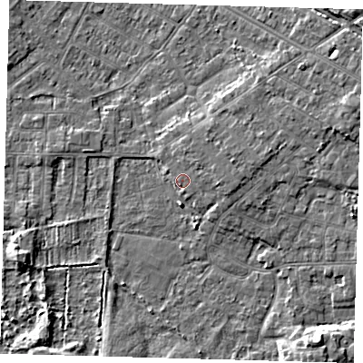 Shaded relief map of the ground around DN344PP, computed from Environment Agency LiDAR. The ground here sits at about 4 m above sea level and falls 5 m across the surrounding 800 m. Surface water reaching this point runs off ground lying to the east-north-east, 1.6 m higher.