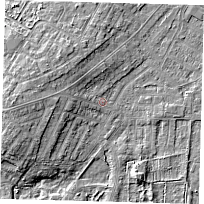 Shaded relief map of the ground around DN344QH, computed from Environment Agency LiDAR. The ground here sits at about 4 m above sea level and falls 8 m across the surrounding 800 m. Surface water reaching this point runs off ground lying to the west, 4.1 m higher.