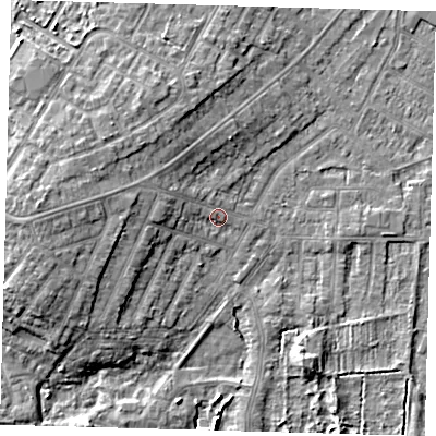 Shaded relief map of the ground around DN344QJ, computed from Environment Agency LiDAR. The ground here sits at about 4 m above sea level and falls 9 m across the surrounding 800 m. Surface water reaching this point runs off ground lying to the west, 3.3 m higher.
