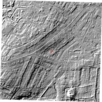 Shaded relief map of the ground around DN344QL, computed from Environment Agency LiDAR. The ground here sits at about 4 m above sea level and falls 8 m across the surrounding 800 m. Surface water reaching this point runs off ground lying to the west, 2.9 m higher.