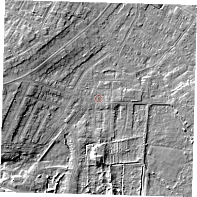 Shaded relief map of the ground around DN344QP, computed from Environment Agency LiDAR. The ground here sits at about 3 m above sea level and falls 7 m across the surrounding 800 m. Surface water reaching this point runs off ground lying to the east, 1.4 m higher.
