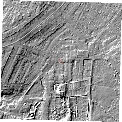 Shaded relief map of the ground around DN344QU, computed from Environment Agency LiDAR. The ground here sits at about 3 m above sea level and falls 7 m across the surrounding 800 m. Surface water reaching this point runs off ground lying to the east-north-east, 1.4 m higher.