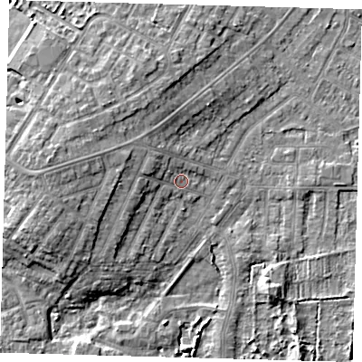 Shaded relief map of the ground around DN344RA, computed from Environment Agency LiDAR. The ground here sits at about 4 m above sea level and falls 9 m across the surrounding 800 m. Surface water reaching this point runs off ground lying to the west-north-west, 3.5 m higher.