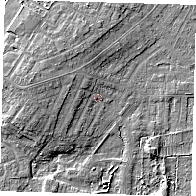 Shaded relief map of the ground around DN344RB, computed from Environment Agency LiDAR. The ground here sits at about 4 m above sea level and falls 9 m across the surrounding 800 m. Surface water reaching this point runs off ground lying to the west, 5.4 m higher.